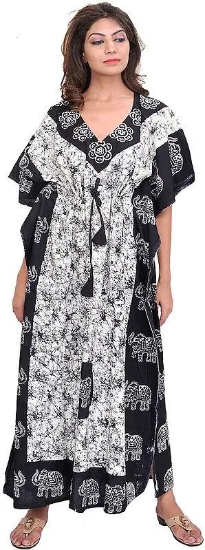 Black and White Batik-Dyed Kaftan with Printed Elephants