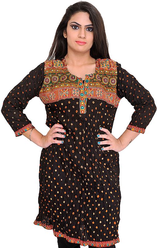 Licorice-Black Bandhani Tie-Dye Kurti with Embroidered Patch on Neck and Mirros