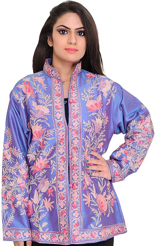 Blue-Bonnet Jacket from Kashmir with Floral Aari-Embroidery