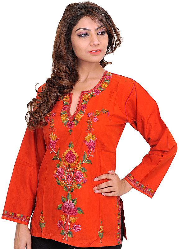 Orange-Rust Kashmiri Kurti with Aari-Embroidered Flowers by Hand