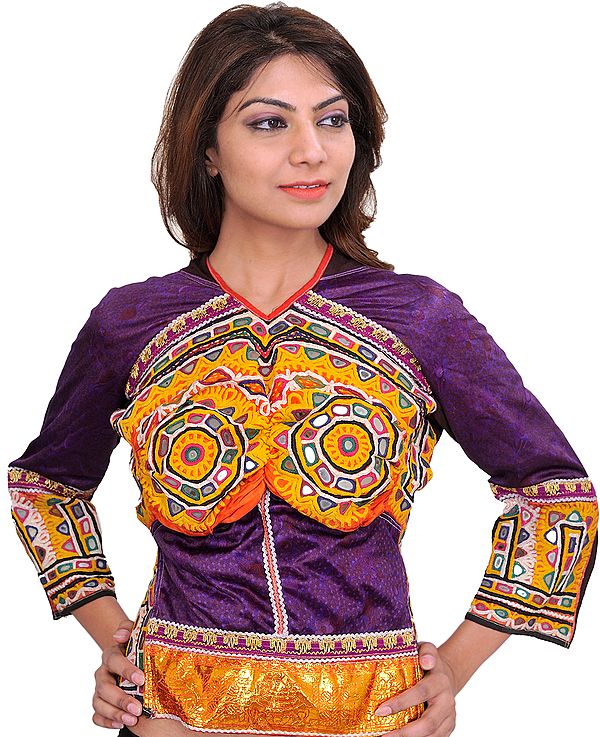 Purple and Yellow Backless Choli from Kutch with Antiquated Rabari Embroidery and Mirrors