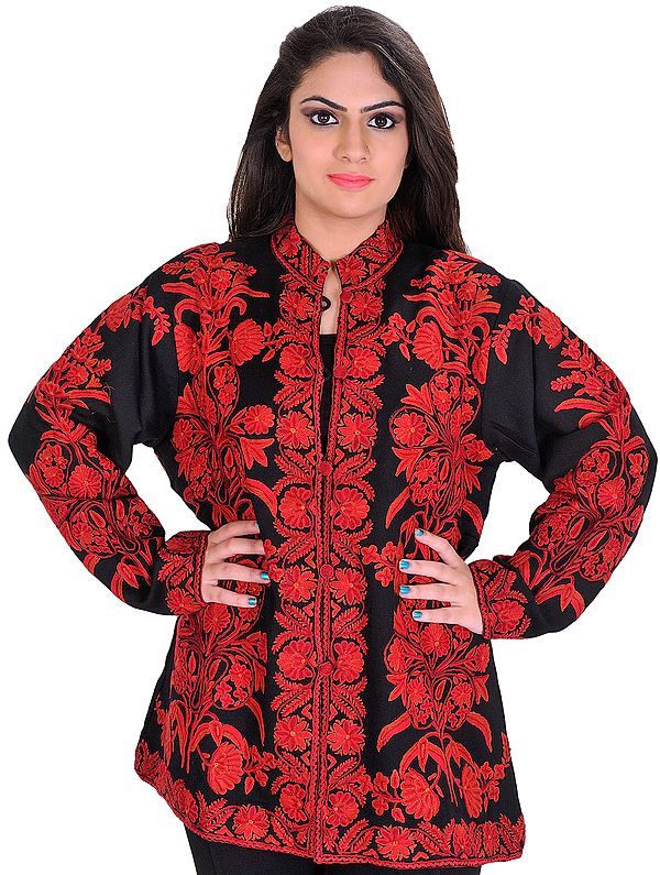 Jet-Black and Red Jacket from Kashmir with Aari-Embroidered Flowers by Hand