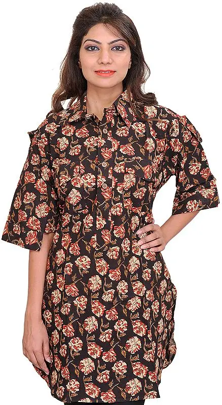 Licorice-Black Kurti from Pilkhuwa with Block-Printed Flowers and Front Pockets