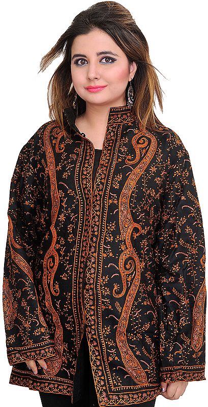 Jet-Black Kashmiri Jacket with Sozni Embroidery All-Over