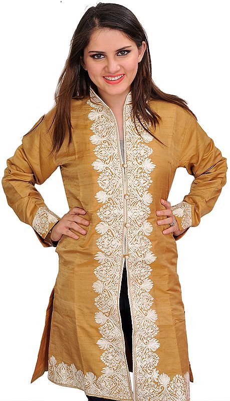 Mustard-Gold Jacket from Kashmir with Aari-Embroidered Paisleys on Border