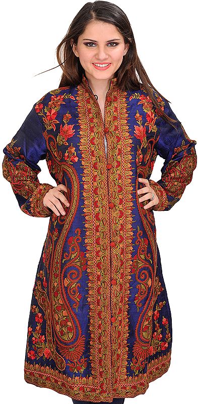 Twilight-Blue Long Jacket from Kashmir with Aari-Embroidered Paisleys by Hand