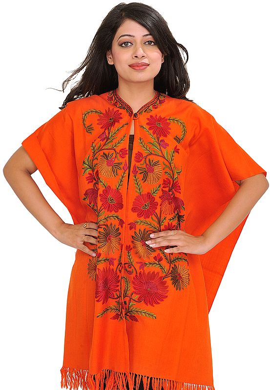 Tigerlily-Orange Cape from Kashmir with Aari Embroidered Flowers by Hand
