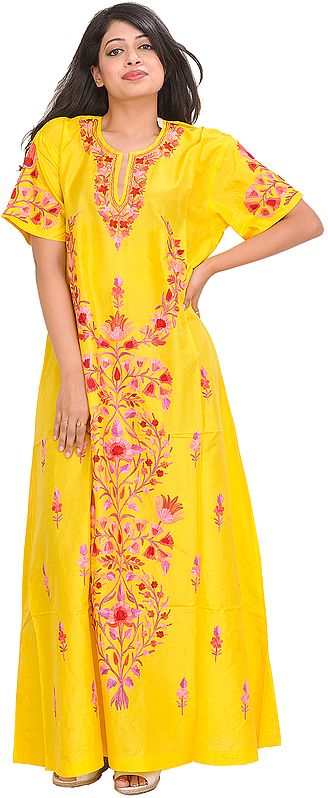 Freesia-Yellow Kashmiri Maxi Gown with Floral Aari Embroidery