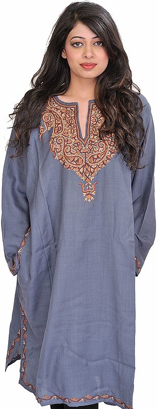 Frost-Gray Phiran from Kashmir with Aari Hand-Embroidered Paisleys on Neck