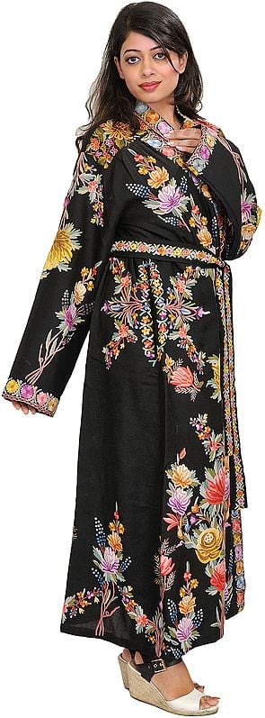 Jet-Black Night-Gown from Kashmir with Floral Aari-Embroidery in Multicolor Thread