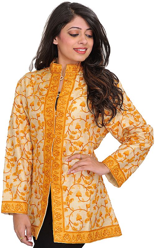 Cream and Yellow Jacket from Kashmir with Hand-Embroidered Paisleys All-Over
