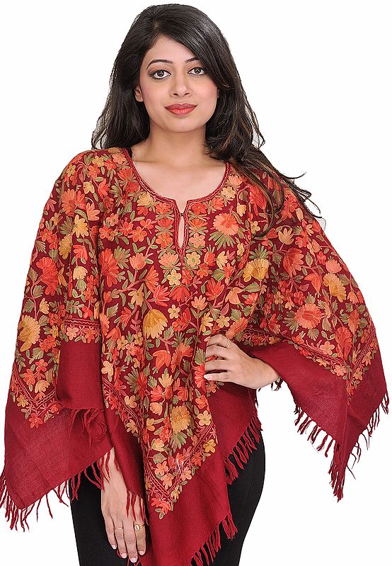 Biking-Red Poncho from Kashmir with Hand Embroidered Flowers All-Over
