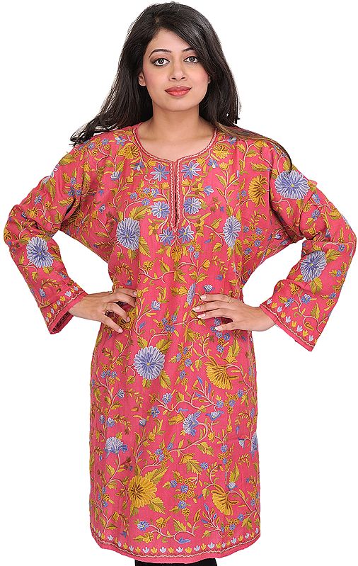 Desert-Rose Phiran from Kashmir with Floral Aari-Embroidery by Hand