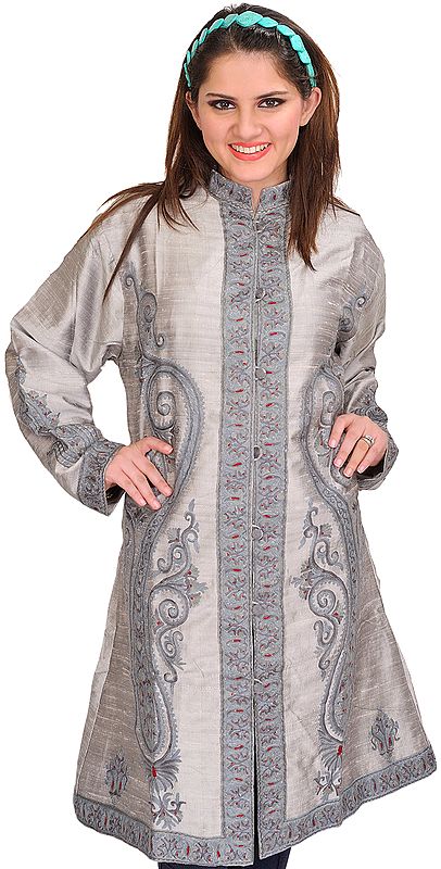 Silver-Gray Long Jacket from Kashmir with Giant Hand-Embroidered Paisleys
