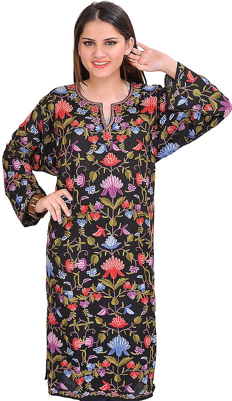 Caviar-Black Phiran from Kashmir with Aari Hand-Embroidered Flowers All-Over