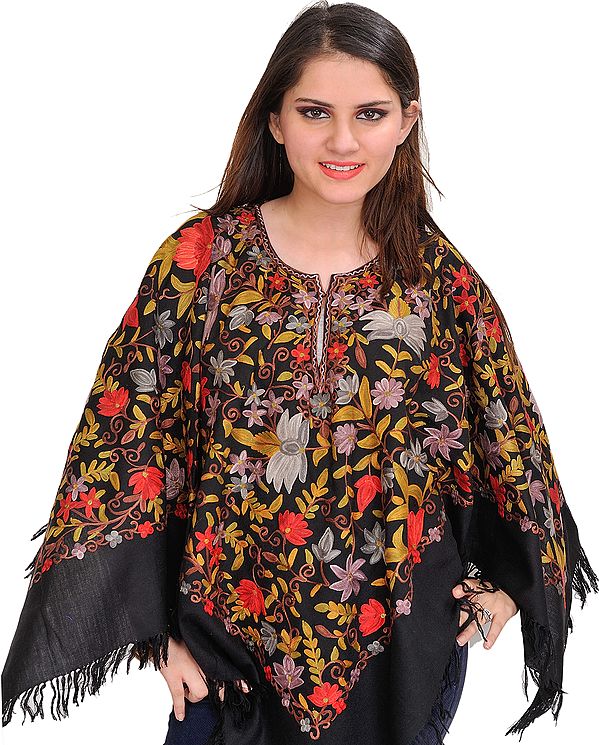 Jet-Black Poncho from Kashmir with Floral Aari-Embroidery All-Over