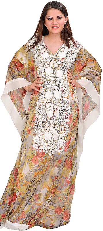 Multicolor Two-Piece Kaftan from Kashmir with Printed Flowers and Aari-Embroidery
