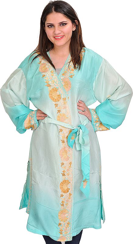 Moonlight-Jade and Aqua Double Shaded Short-Robe from Kashmir with Aari Embroidery on Border