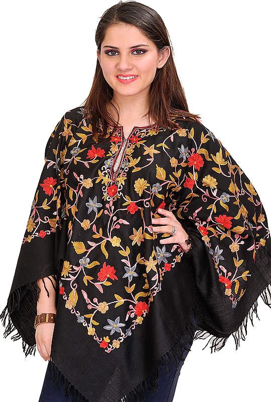Poncho from Kashmir with Aari-Embroidered Flowers All-Over