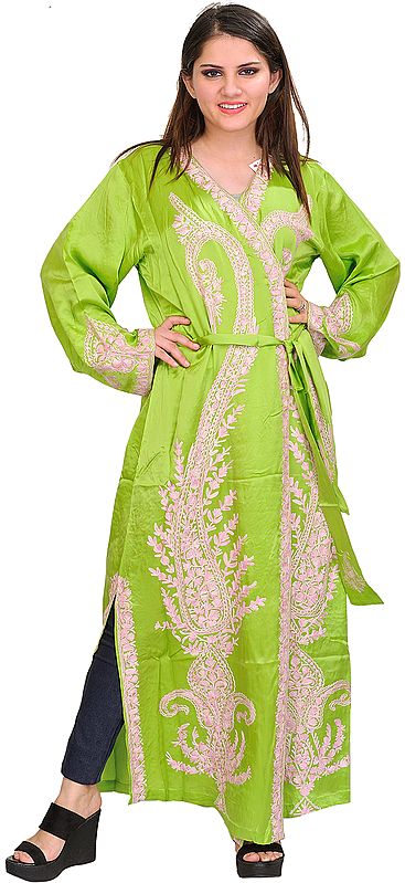 Parrot-Green Robe from Kashmir with Aari Embroidered Paisleys