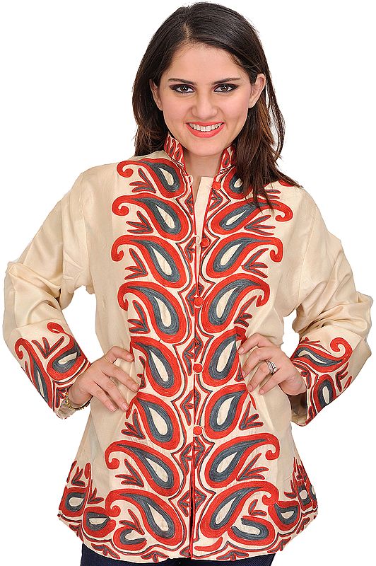 Pearled-Ivory Jacket from Kashmir with Aari Embroidered Paisleys