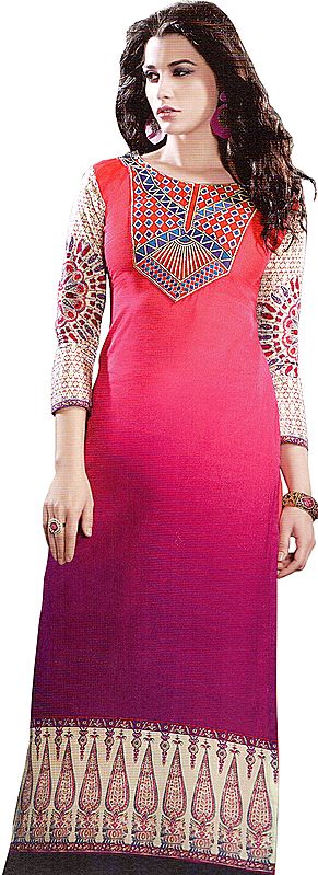 Printed Long Kurti with Embroidered Patch on Neck
