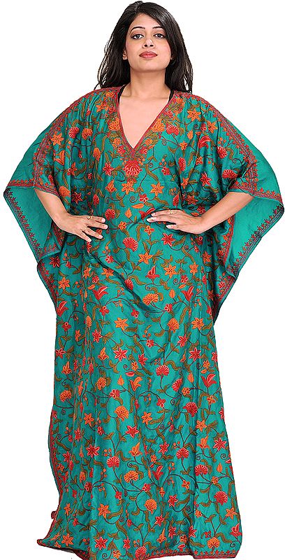 Cadmium-Green Kaftan from Kashmir with Aari Hand-Embroidered Flowers All-Over