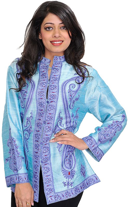 Bleached-Aqua Jacket from Kashmir with Aari Hand-Embroidered Paisleys