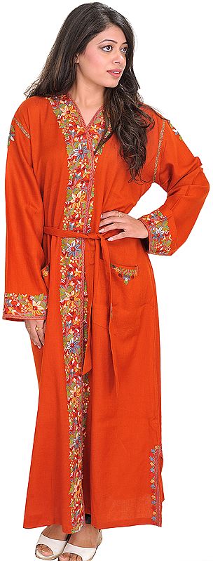 Mecca-Orange Robe from Kashmir with Floral Aari Embroidery by Hand