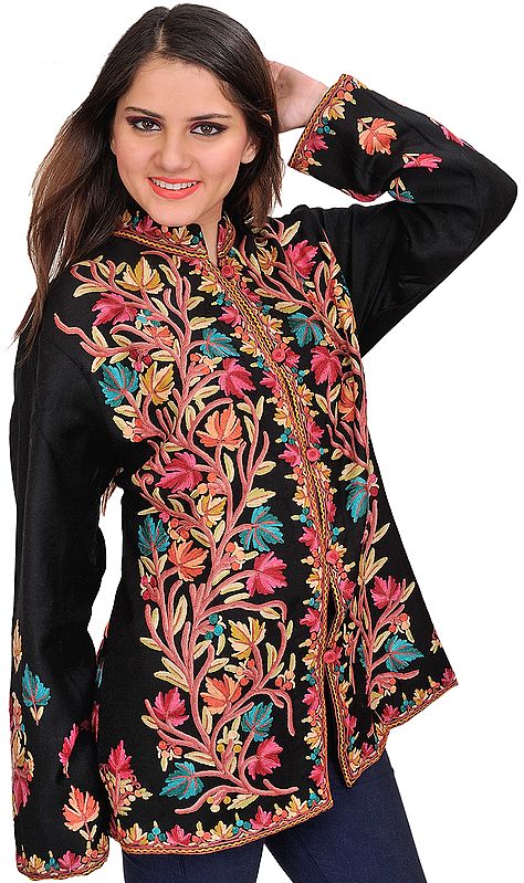 Caviar-Black Jacket from Kashmir with Aari Hand-Embroidered Tree of Life
