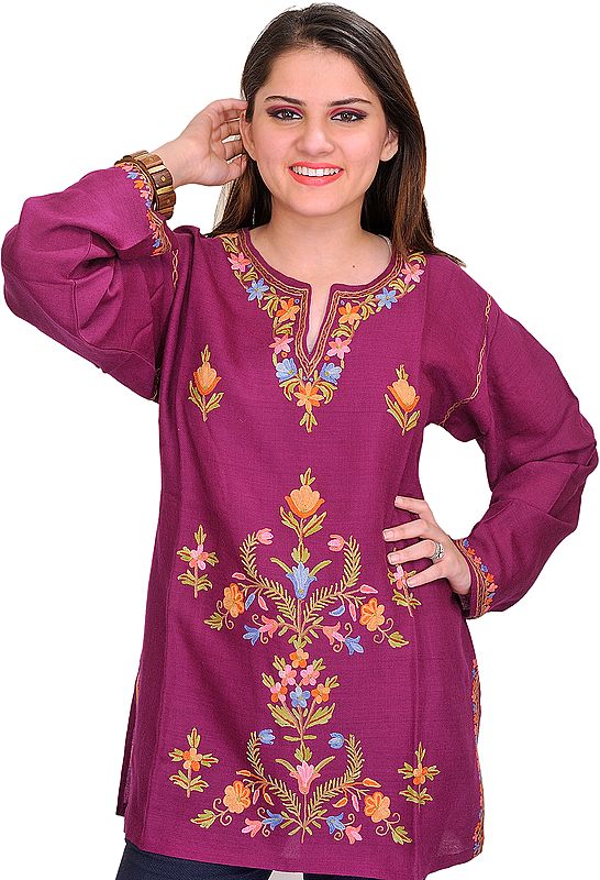 Raspberry-Radiance Kurti from Kashmir with Aari Embroidery by Hand