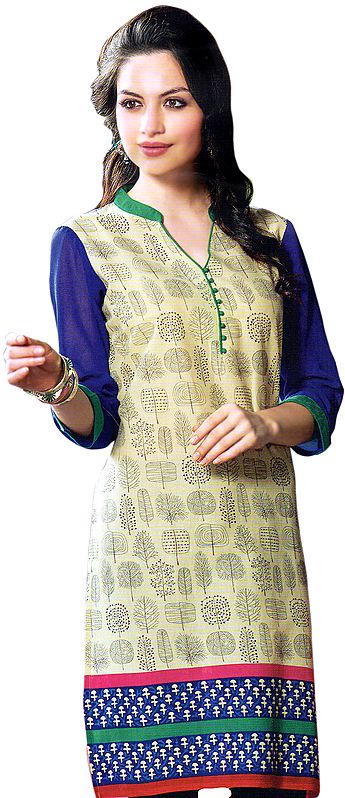 Asparagus-Green and Blue Kurti with Printed Motifs