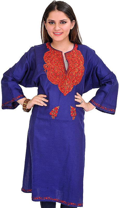 Ribbon-Blue Phiran from Kashmir with Aari Hand-Embroidery on Neck
