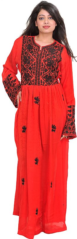 Tomato-Red Long Dress from Kashmir with Aari Black Embroidery and Self-Weave