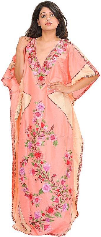 Pink and Creampuff Kaftan from Kashmir with Floral Aari-Embroidery