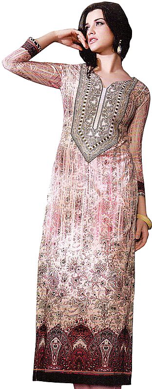 Floral Printed Long Kurti with Embroidered Patch on Neck