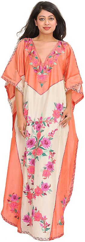 Tawny-Orange and Cream Kaftan from Kashmir with Aari-Embroidered Flowers