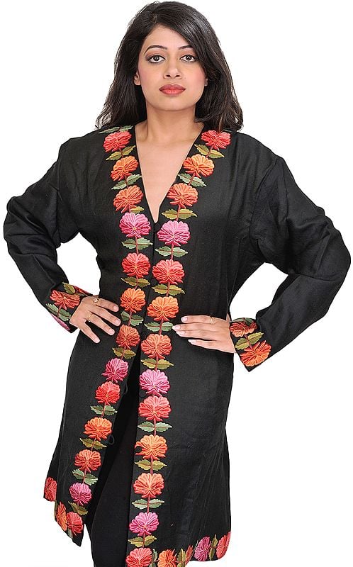 Jet-Black Jacket from Kashmir with Hand-Embroidered Flowers on Border