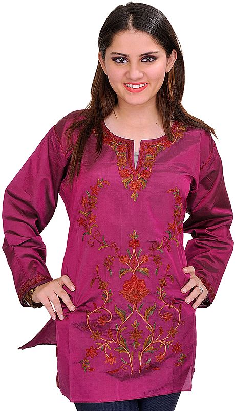 Dahlia-Mauve Short Kurti from Kashmir with Aari Embroidery by Hand