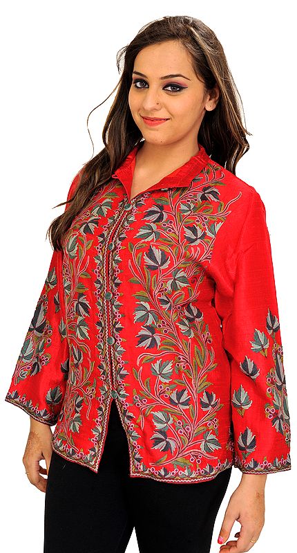 Tomato-Red Jacket from Kashmir with Aari Hand-Embroidered Chinar Leaves
