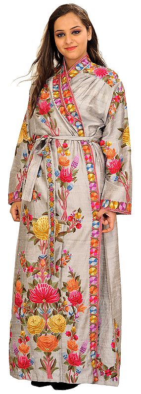Silver Robe from Kashmir with Aari Hand-Embroidered Flowers