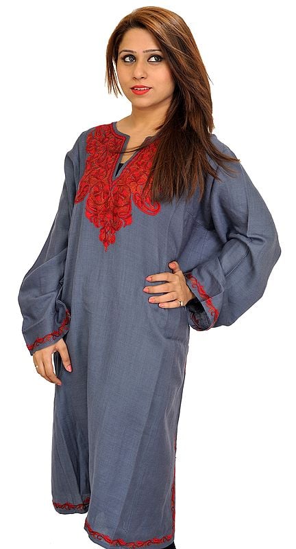 Gray Phiran from Kashmir with Aari Hand-Embroidered Paisleys on Neck
