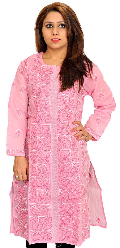 Prism-Pink Chikan Hand-Embroidered Kurti from Lucknow
