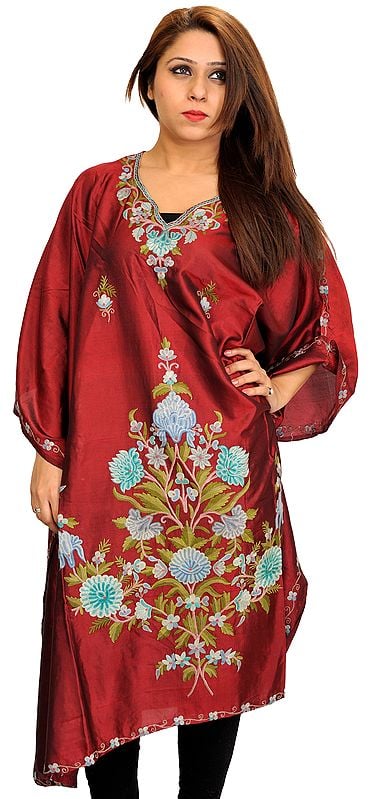 Cowhide-Red Short Kaftan from Kashmir with Aari-Embroidery by Hand