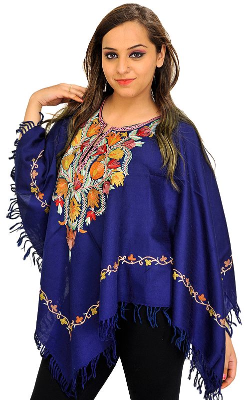 Estate-Blue Poncho from Kashmir with Aari Hand-Embroidery on Neck