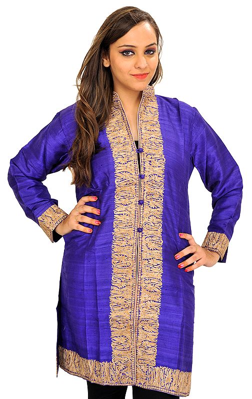 Spectrum-Blue Long Jacket from Kashmir with Aari-Embroidered Paisleys on Border