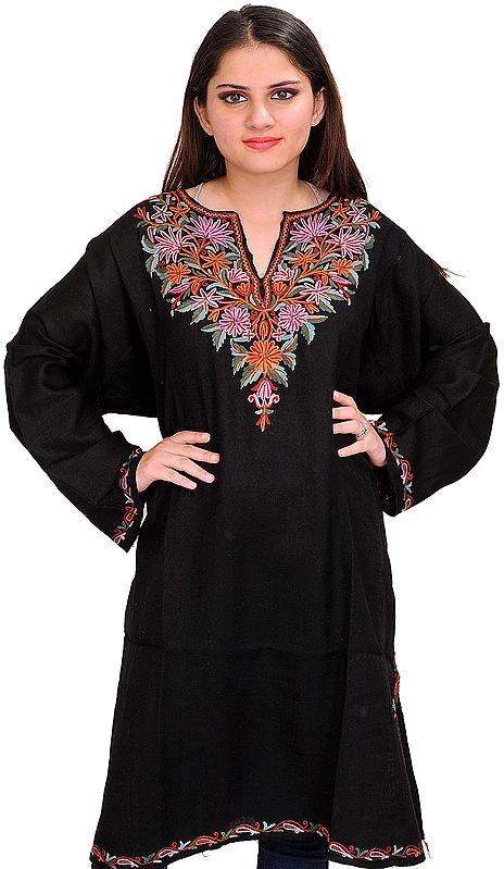 Jet-Black Phiran from Kashmir with Aari Hand-Embroidered Flowers on Neck
