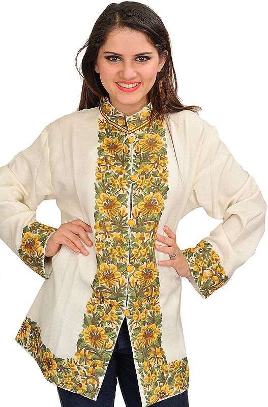 Off-White Jacket from Kashmir with Floral Hand-Embroidery on Border