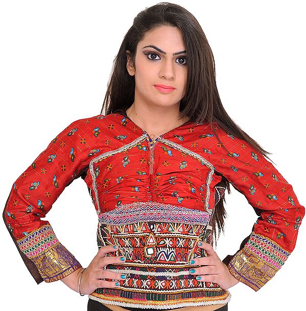Rococco-Red Backless Choli from Kutch with Antiquated Rabari Embroidery