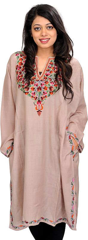 Pale-Taupe Phiran from Kashmir with Floral Hand-Embroidery on Neck
